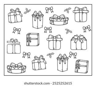 Coloring page with various shapes of Christmas-themed gift boxes. Learning to color, children's activity, holiday activity.