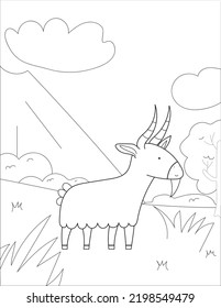 Coloring Page Vector Backdround Illustration, Landscape with Goat  