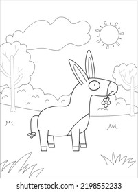 Coloring Page Vector Backdround Illustration, Landscape with  Donkey  