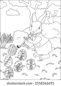 Coloring page vector Bunny watering in Easter egg 