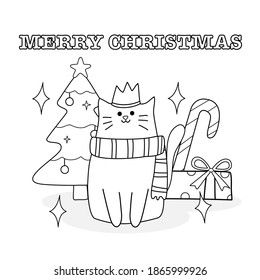 coloring page  ,vector christmas  ,Cat with christmas tree 
christmas party concept
