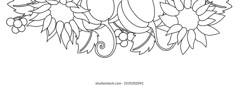 Página para colorear. Vector dibujando borde de otoño de composición con cosecha, con calabazas y girasoles en estilo vintage. Tarjeta de Acción de Gracias. Dibujo en estilo doodle