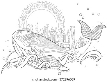 Coloring page. Vector fantastic city whale Monochrome Floral Pattern. Hand Drawn Texture, Decorative Flowers, Coloring Book