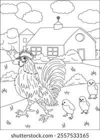 Coloring page vector hen and chicks outline