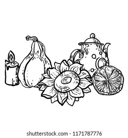 Coloring page in vector with household autumn elements in decorative illustration