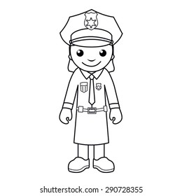 Coloring page: vector Illustration of a black and white outline image of female police officer