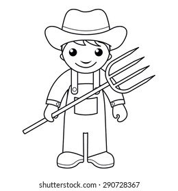 Coloring page: vector Illustration of a black and white outline image of farmer with pitchfork
