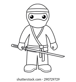 Coloring page: vector Illustration of a black and white outline image of ninja warrior with a sword
