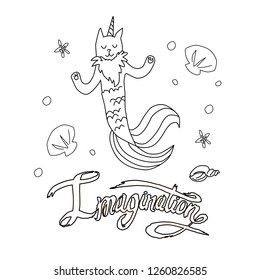 Coloring page vector. Illustration of cat unicorn and word imagination