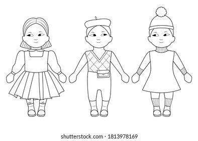 Coloring page vector illustration of fashion girls. Set of stylish child girls vector illustration.