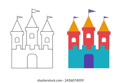 Coloring page vector illustration isolated. Fairytale cartoon childish castle for boys and girls.