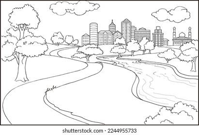 Coloring Page in vector illustration, Landscape with city background, isolated on white background