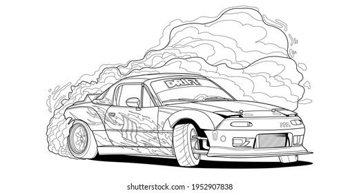 Coloring page vector line art illustration car for book and drawing. Black contour sketch. Isolated on white background. High speed drive vehicle. Graphic element. Stroke without fill