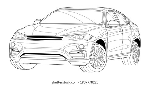 Coloring page vector line art for book and drawing. Illustration car. Black contour sketch illustrate Isolated on white background. High speed drive vehicle. Graphic element. Stroke without fill