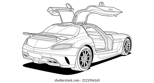 Coloring page vector line art for book and drawing. Black contour sketch illustrate Isolated on white background. High speed drive vehicle. Graphic element. Illustration car. Stroke without fill