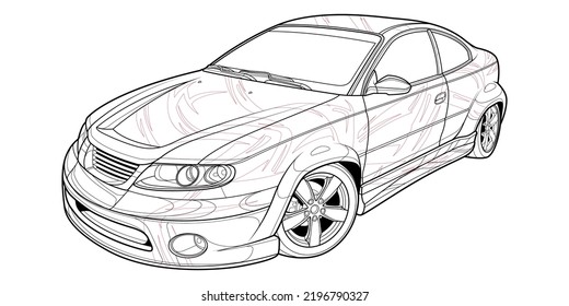 Coloring page vector line art for book and drawing. Black contour sketch illustrate Isolated on white background. High speed drive vehicle. Graphic element. Illustration car. Stroke without fill