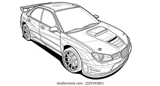 Coloring page vector line art for book and drawing. Black contour sketch illustrate Isolated on white background. High speed drive vehicle. Graphic element. Illustration car. Stroke without fill