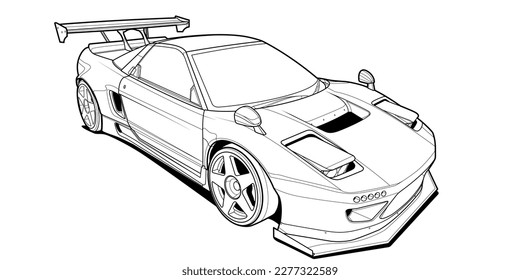 Coloring page vector line art for book and drawing. Black contour sketch illustrate Isolated on white background. High speed drive vehicle. Graphic element. Illustration car. Stroke without fill