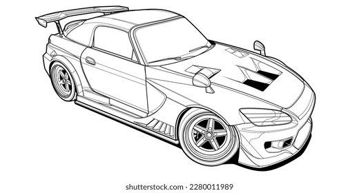 Coloring page vector line art for book and drawing. Black contour sketch illustrate Isolated on white background. High speed drive vehicle. Graphic element. Illustration car. Stroke without fill