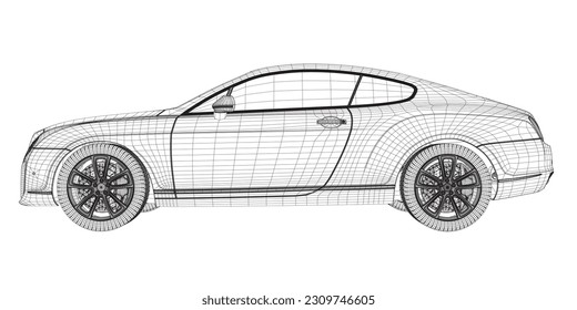 Coloring page vector line art for book and drawing. Black wireframe illustrate Isolated on white background. High speed drive vehicle. Graphic element. Illustration car. Stroke without fill. 3D..