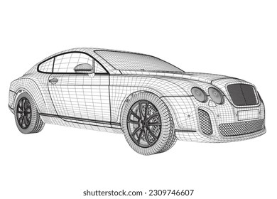 Coloring page vector line art for book and drawing. Black wireframe illustrate Isolated on white background. High speed drive vehicle. Graphic element. Illustration car. Stroke without fill. 3D..