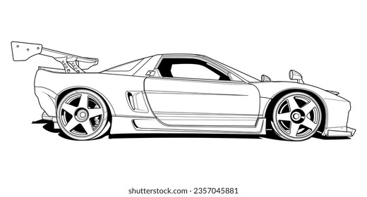 Coloración de la línea vectorial de la página para el libro y el dibujo. Esbozo de contorno negro ilustra Aislado sobre fondo blanco. Vehículo de alta velocidad. Elemento gráfico. Auto de ilustración. Accionar sin relleno