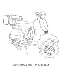 Färben von Seiten Vektorgrafik für Buch und Zeichnung. Schwarze Konturskizze illustriert einzeln auf weißem Hintergrund. Hochgeschwindigkeitsfahrzeug. Grafisches Element. Illustration Motorrad.Stroke ohne Füllung