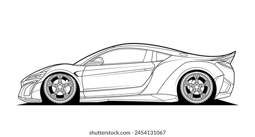 Coloring page vector line art for book and drawing. Black contour sketch illustrate Isolated on white background. High speed drive vehicle. Graphic element. Illustration car. Stroke without fill