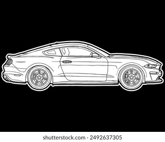 Coloring page vector line art for book, drawing, and stickers. Illustration muscle car ford mustang gt. Stroke without fill