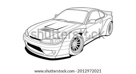 Coloring page vector line art for book and drawing. Black contour sketch illustrate Isolated on white background. High speed drive vehicle. Graphic element. Illustration car. Stroke without fill