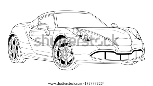 Coloring page vector line art for book and drawing.\
Black contour sketch illustrate Isolated on white background. High\
speed drive vehicle. Graphic element. Illustration car. Stroke\
without fill