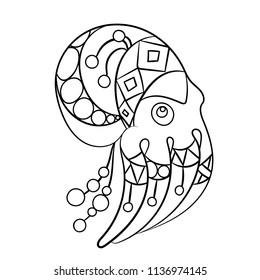 Coloring page vector with octopus animal in ornaments with beads