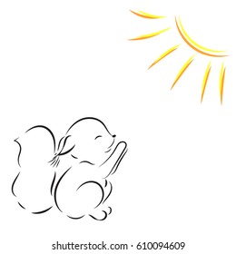 Coloring page. Vector outline drawing of a squirrel pulls legs to the sun