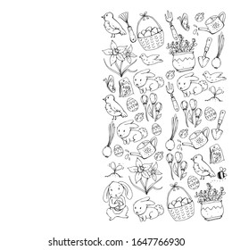 Coloring page. Vector pattern with easter and spring elements. Eggs in basket, bunny, flowers, birds