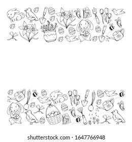 Coloring page. Vector pattern with easter and spring elements. Eggs in basket, bunny, flowers, birds