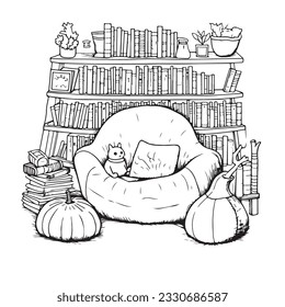 coloring page very simple black and white sofa in front of book rack 