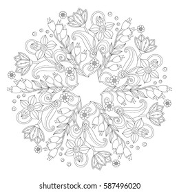 Coloring page with vintage flowers. Black and white. Handrawn ound ornament.