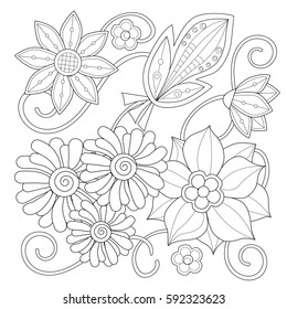 Coloring page with vintage flowers. Black and white. Handrawn ornament.