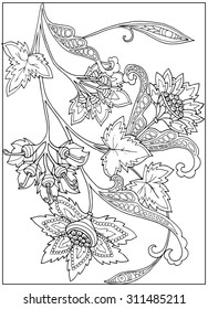 Coloring page with vintage flowers pattern