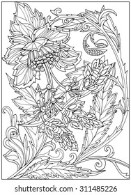 Coloring page with vintage flowers pattern