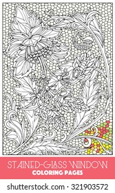 Coloring page with vintage flowers pattern in stained-glass window style