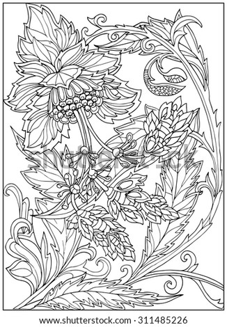 Coloring page with vintage flowers pattern