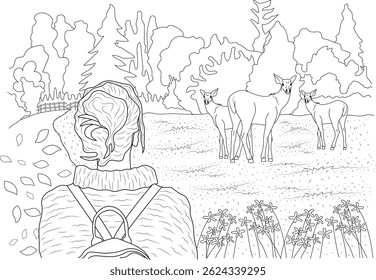 Coloring Page: Visitor Observing Deer in a Zoological Park Setting, Black and white line art illustration designed for coloring. A visitor with a backpack stands viewing a small group of deer in a