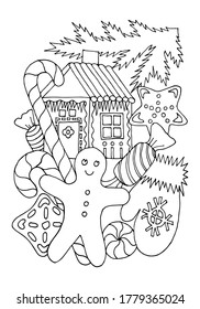 Coloring page. Waiting for Merry Christmas. Gingerbread cookies, ginger man, house, sweets, candies. Coloring book for kids. Hand drawn vector illustration