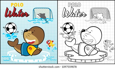 Coloring page of walrus with dolphin playing polo water