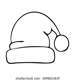 Coloring page warm hat. Head clothing in cold weather. Santa Claus wardrobe item. Hand drawn vector line art illustration. Coloring book for children. Black and white sketch.
