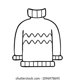 Coloring page warm sweater with patterns. Winter cozy clothes with a thin line art. Hand drawn vector illustration. Coloring book for children. Isolated on a white background.