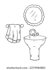 Coloring Page washbasin, towel, mirror. Vector Educational worksheet. Vector image. Paint game. Elements for coloring book, page, printing, design illustrations in the style of outline for kids.