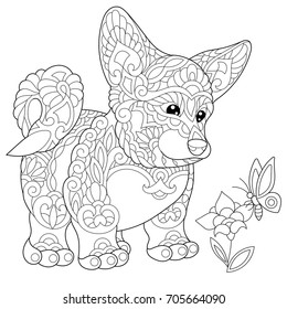 Coloring page of welsh corgi dog and butterfly on a flower. Freehand sketch drawing for adult antistress coloring book in zentangle style.