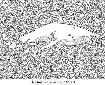 Coloring page with whale in the floral sea. Horizontal composition. Coloring book for adult and children. Editable vector illustration.